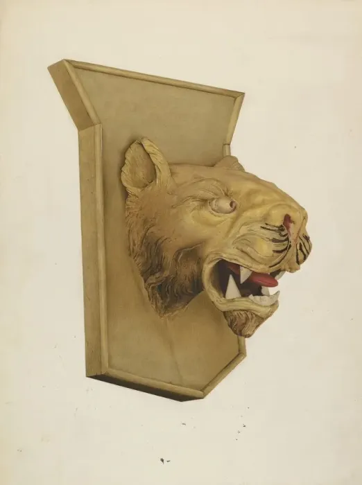 Framed Print : Wood Carving of Tigers Head, c. 1939. Creator: Joseph Glover Framed Print : Wood Carving of Tigers Head, c. 1939. Creator: Joseph Glover