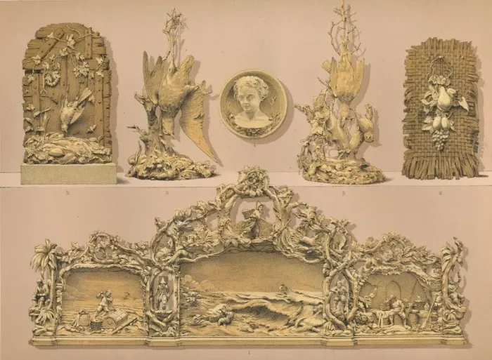 Framed Print : Wood Carvings, 1893. Artist: Robert Dudley Framed Print : Wood Carvings, 1893. Artist: Robert Dudley