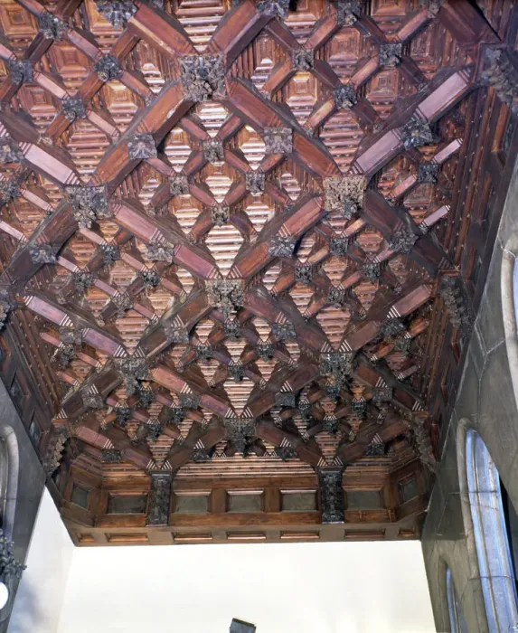 Framed Print : Wood coffered ceiling in one of the upstairs ceilings of the Güell Palace, built Framed Print : Wood coffered ceiling in one of the upstairs ceilings of the Güell Palace, built