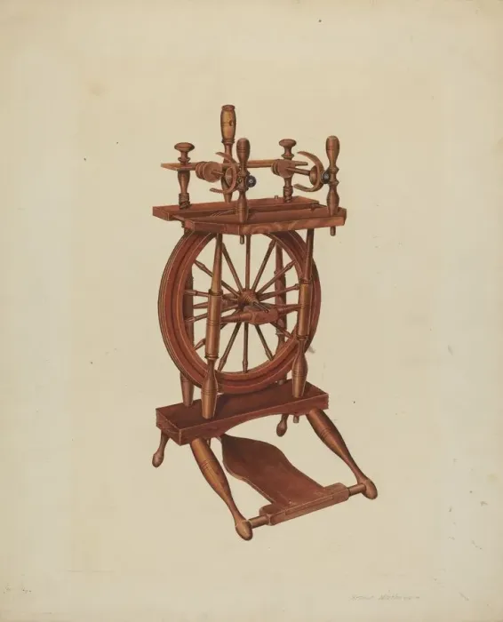 Framed Print : Wood Spinning Wheel, c. 1938. Creator: Arthur Matthews