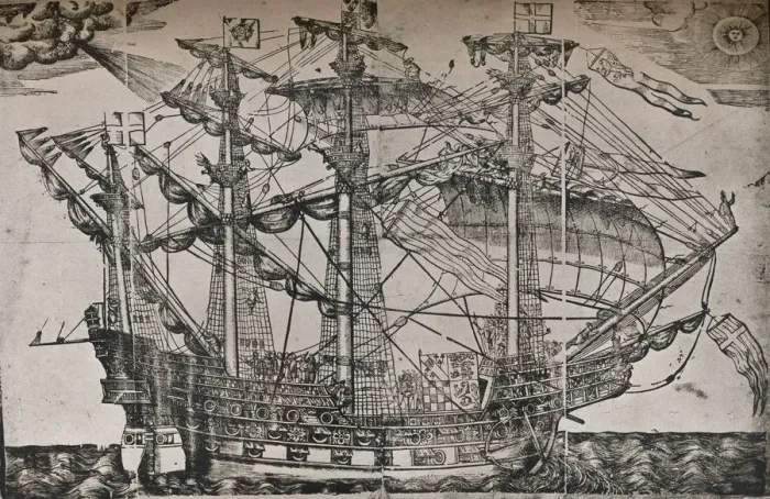 Framed Print : A woodcut of a ship which is believed to be The Ark Royal, c1587 Framed Print : A woodcut of a ship which is believed to be The Ark Royal, c1587