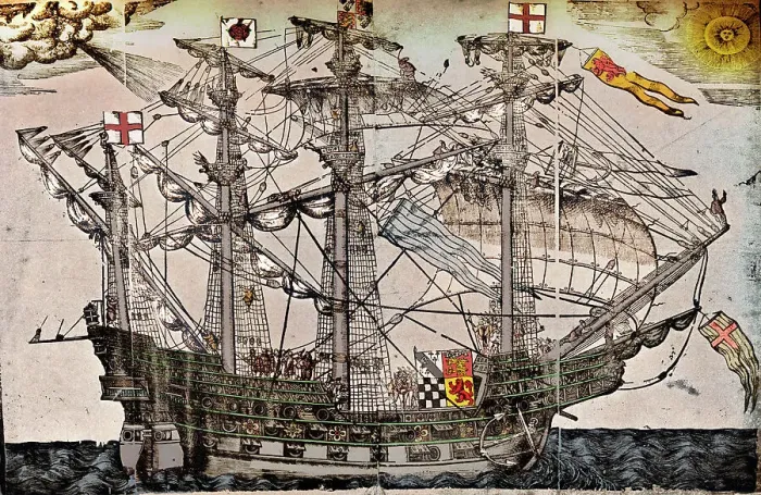 Framed Print : A woodcut of a ship which is believed to be The Ark Royal, c1587 Framed Print : A woodcut of a ship which is believed to be The Ark Royal, c1587