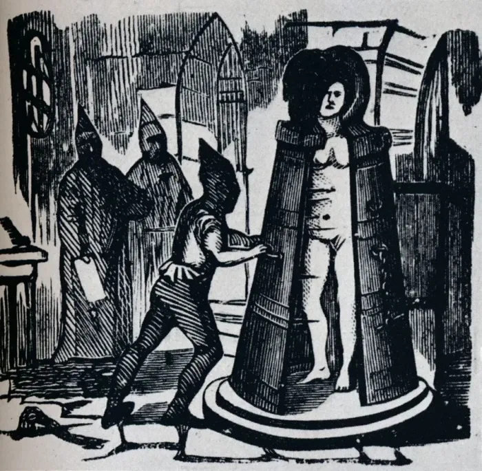 Framed Print : Woodcut showing Geuders Iron Maiden in a torture chamber Setting, c1870 Framed Print : Woodcut showing Geuders Iron Maiden in a torture chamber Setting, c1870