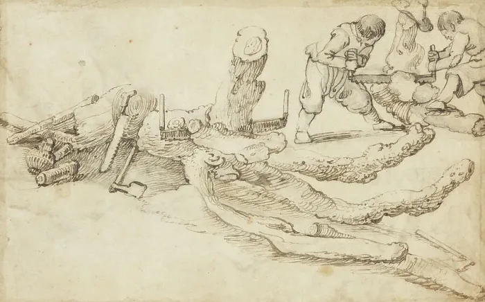 Framed Print : Woodcutters Cutting up Tree Trunks. Creator: Jan van de Velde II Framed Print : Woodcutters Cutting up Tree Trunks. Creator: Jan van de Velde II