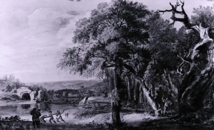 Framed Print : Woodcutters near a river, 1755(?) Artist: Paul Sandby Framed Print : Woodcutters near a river, 1755(?) Artist: Paul Sandby