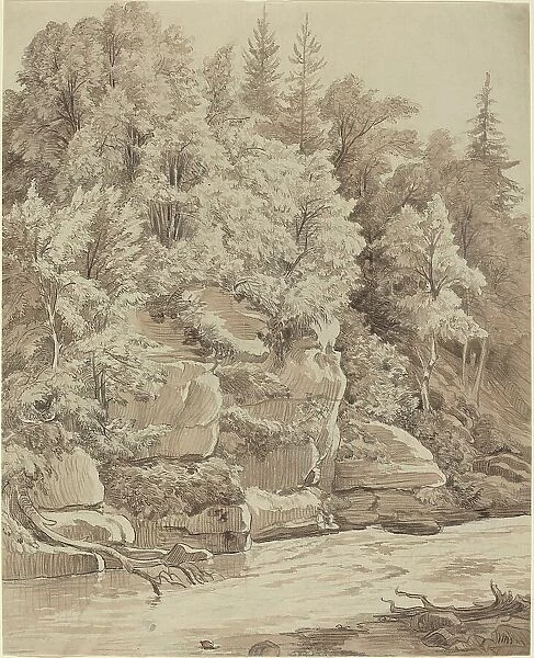 Wooded Cliffs along a Stream, 1840s. Creator: Carl Wagner