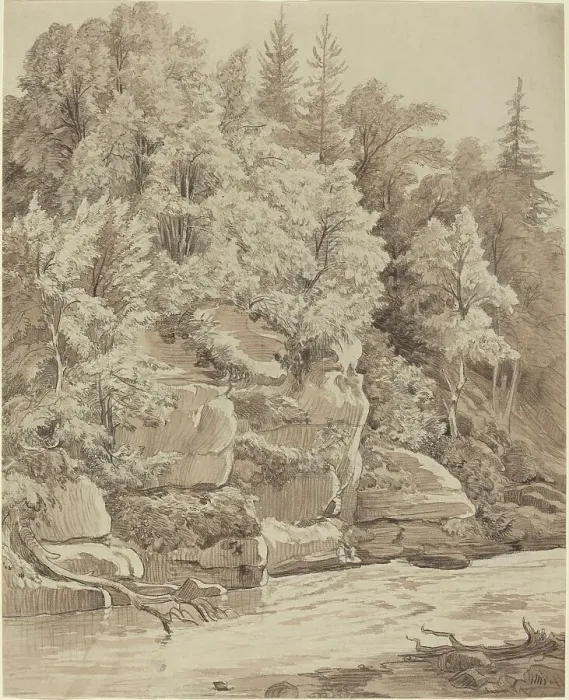 Framed Print : Wooded Cliffs along a Stream, 1840s. Creator: Carl Wagner Framed Print : Wooded Cliffs along a Stream, 1840s. Creator: Carl Wagner