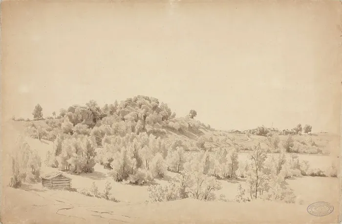 Framed Print : Wooded hill, lake and farmhouse, 1857. Creator: Werner Holmberg Framed Print : Wooded hill, lake and farmhouse, 1857. Creator: Werner Holmberg