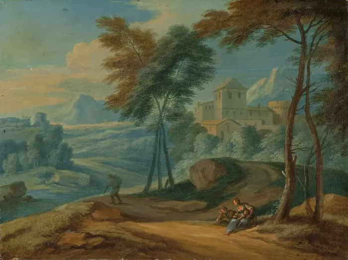 Framed Print : Wooded Italianate Landscape with Figures, c.1750. Creator: Adriaen Frans Boudewyns Framed Print : Wooded Italianate Landscape with Figures, c.1750. Creator: Adriaen Frans Boudewyns
