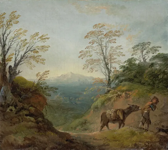 Framed Print : Wooded Landscape With A Boy Leading A Donkey And Dog, And An Extensive Panorama With... early 1760s Creator: Thomas Gainsborough Framed Print : Wooded Landscape With A Boy Leading A Donkey And Dog, And An Extensive Panorama With... early 1760s Creator: Thomas Gainsborough