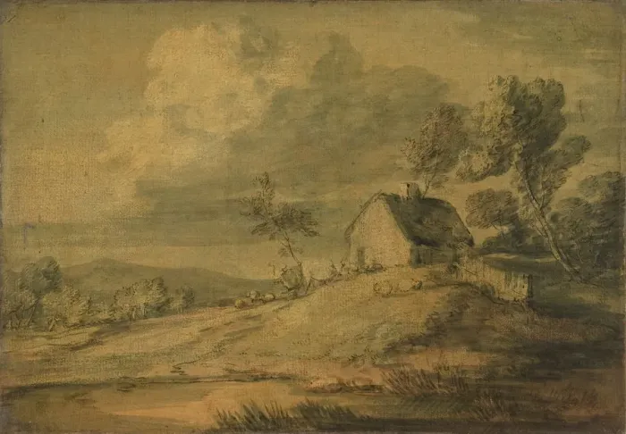 Framed Print : Wooded Landscape with Cottage, Cows and Sheep, ca. 1770. Creator: Thomas Gainsborough
