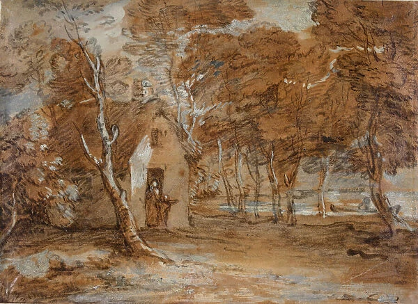 Wooded Landscape, Cottage, Figures and Boat on Lake, 1783-1785