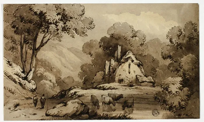 Framed Print : Wooded Landscape with Cottage Beside Pond with Standing Cows, n.d. Creator: James Robertson Framed Print : Wooded Landscape with Cottage Beside Pond with Standing Cows, n.d. Creator: James Robertson
