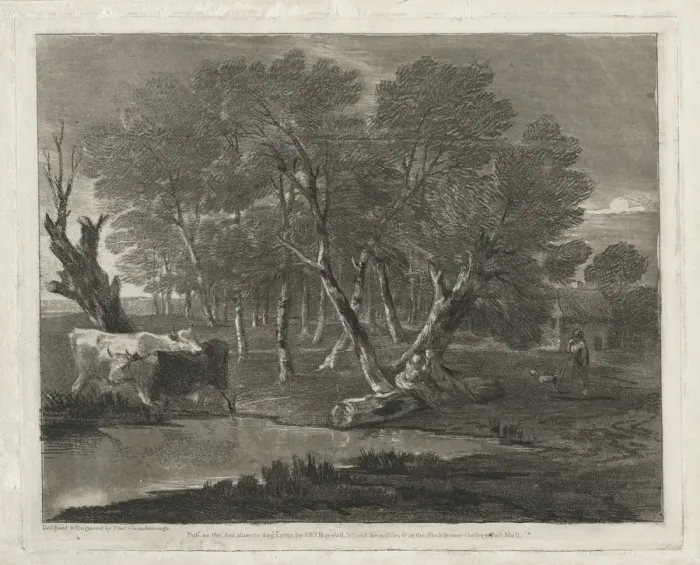 Framed Print : Wooded Landscape with Cows beside a Pool, Figures and Cottage, published in 1797 Framed Print : Wooded Landscape with Cows beside a Pool, Figures and Cottage, published in 1797