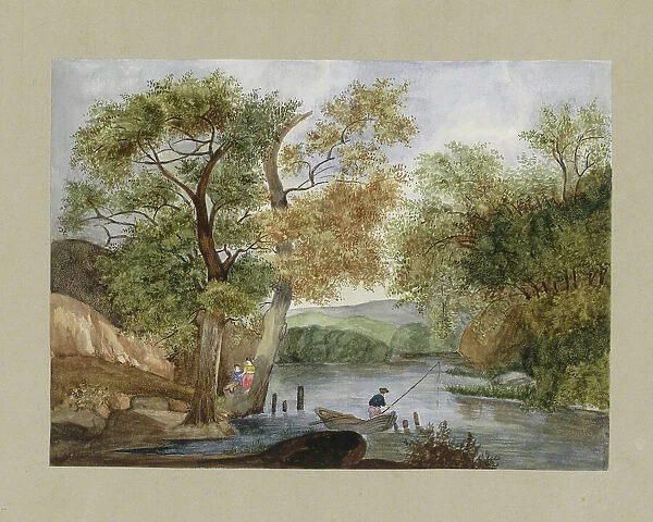 Wooded landscape with a fisherman and two girls, c.1819-c.1870. Creator: Anon