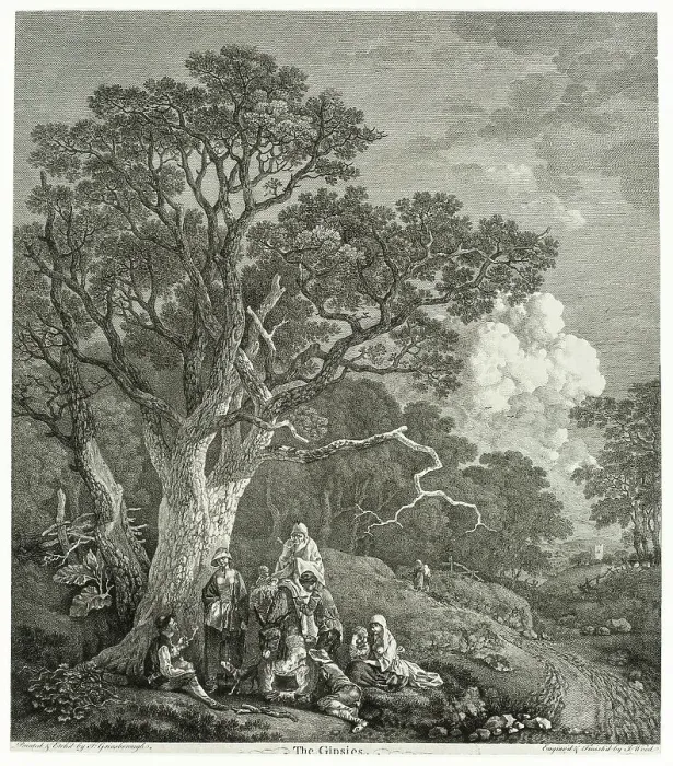 Framed Print : Wooded Landscape with Gypsies Gathered Round a Fire, 1753 / 54. Creator: Thomas Gainsborough Framed Print : Wooded Landscape with Gypsies Gathered Round a Fire, 1753 / 54. Creator: Thomas Gainsborough
