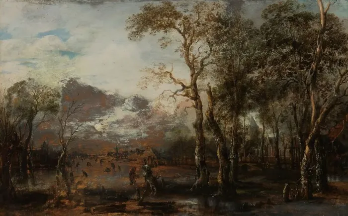 Framed Print : Wooded Landscape with Hunter / Winter Landscape, c.1642-1643. Creator: Aert van der Neer Framed Print : Wooded Landscape with Hunter / Winter Landscape, c.1642-1643. Creator: Aert van der Neer