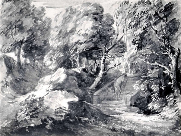 Wooded Landscape with a Man Crossing a Bridge, early 1780s. Creator: Thomas Gainsborough