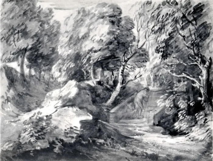 Framed Print : Wooded Landscape with a Man Crossing a Bridge, early 1780s. Creator: Thomas Gainsborough Framed Print : Wooded Landscape with a Man Crossing a Bridge, early 1780s. Creator: Thomas Gainsborough