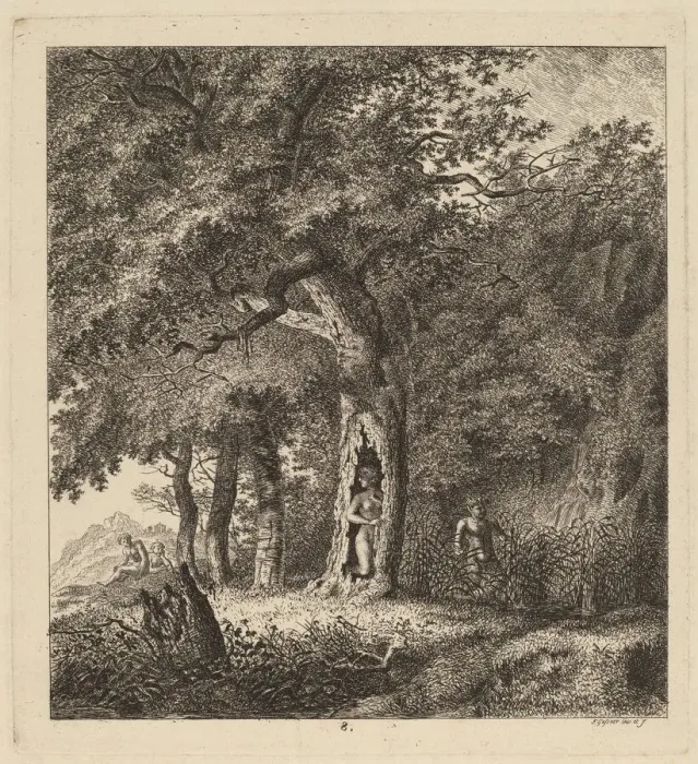Framed Print : Wooded Landscape with a Nymph and a Satyr, 1764. Creator: Salomon Gessner Framed Print : Wooded Landscape with a Nymph and a Satyr, 1764. Creator: Salomon Gessner