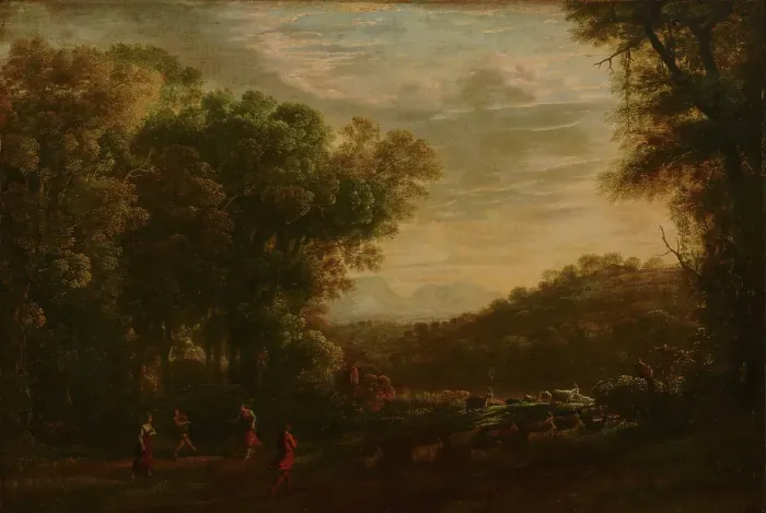 Framed Print : Wooded Landscape with Shepherds, c1620-1655. Creator: Herman van Swanevelt Framed Print : Wooded Landscape with Shepherds, c1620-1655. Creator: Herman van Swanevelt