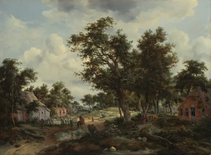 Framed Print : A Wooded Landscape with Travellers on a Path through a Hamlet, about 1665. Creators: Meindert Hobbema, Abraham Storck Framed Print : A Wooded Landscape with Travellers on a Path through a Hamlet, about 1665. Creators: Meindert Hobbema, Abraham Storck