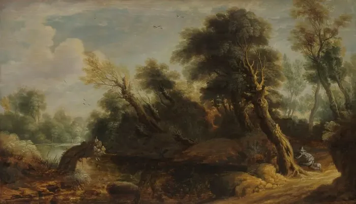 Framed Print : Wooded Landscape with a Wildfowler by a Stream, 1646. Creator: Anon Framed Print : Wooded Landscape with a Wildfowler by a Stream, 1646. Creator: Anon