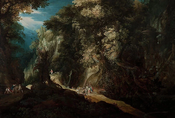 Wooded Mountain Landscape with Waterfall and Travellers, first half of 17th century. Creator: Gysbrecht Leytens