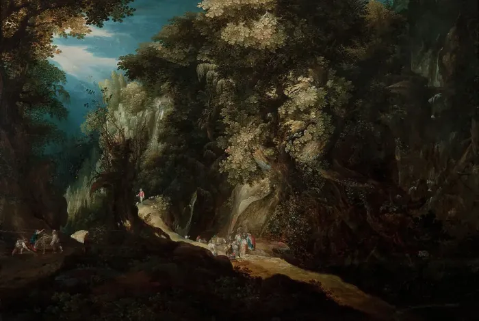 Framed Print : Wooded Mountain Landscape with Waterfall and Travellers, first half of 17th century. Creator: Gysbrecht Leytens Framed Print : Wooded Mountain Landscape with Waterfall and Travellers, first half of 17th century. Creator: Gysbrecht Leytens