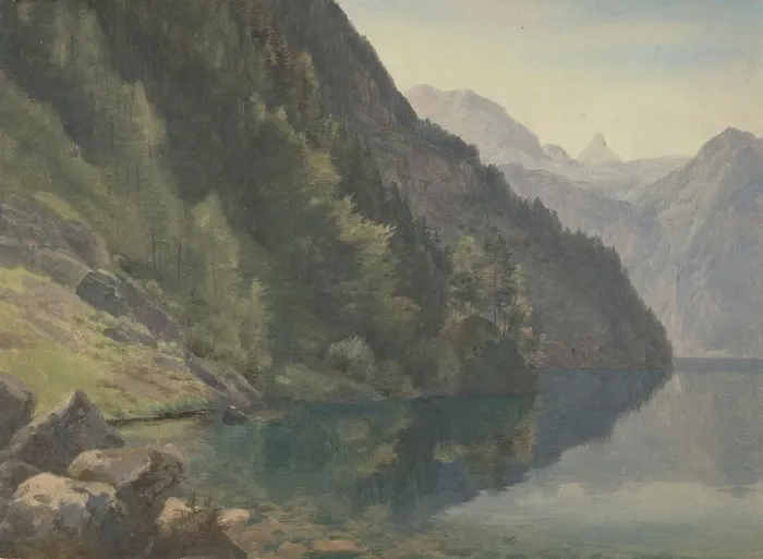 Framed Print : Wooded Shore at the King Lake (Konigsee), first half 19th century Framed Print : Wooded Shore at the King Lake (Konigsee), first half 19th century