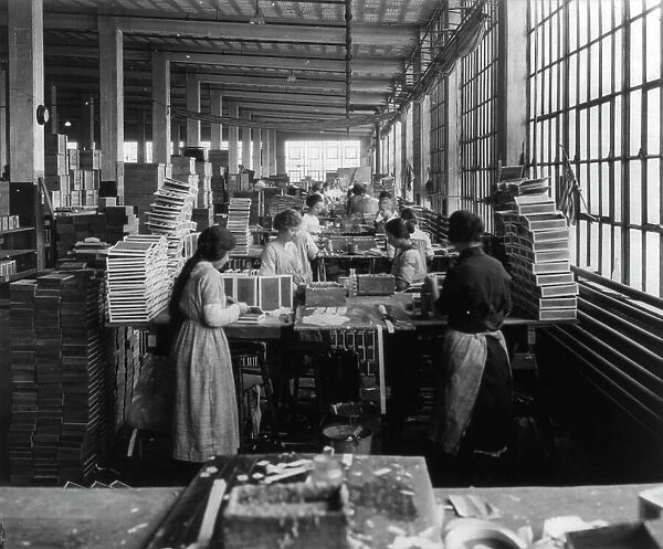 Wooden Box Industry: women in work room of box factory, c1910. Creator: Frances Benjamin Johnston