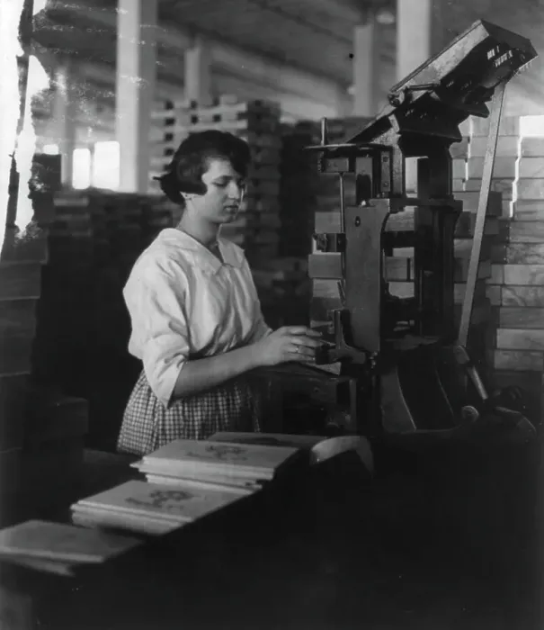 Framed Print : Wooden Box Industry: young woman working at machine, c1910. Creator: Frances Benjamin Johnston Framed Print : Wooden Box Industry: young woman working at machine, c1910. Creator: Frances Benjamin Johnston