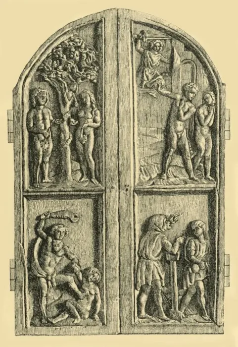 Framed Print : Wooden diptych with scenes from the Book of Genesis, mid 19th century, (1881). Creator: W Wise Framed Print : Wooden diptych with scenes from the Book of Genesis, mid 19th century, (1881). Creator: W Wise