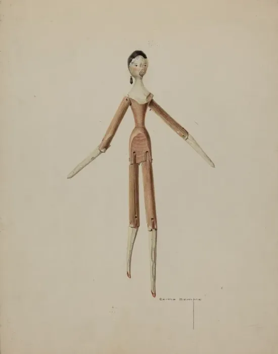 Framed Print : Wooden Doll, c. 1939. Creator: Bertha Semple Framed Print : Wooden Doll, c. 1939. Creator: Bertha Semple