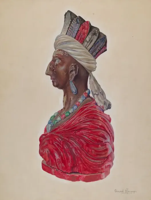 Framed Print : Wooden Indian Bust, c. 1937. Creator: David Ramage Framed Print : Wooden Indian Bust, c. 1937. Creator: David Ramage