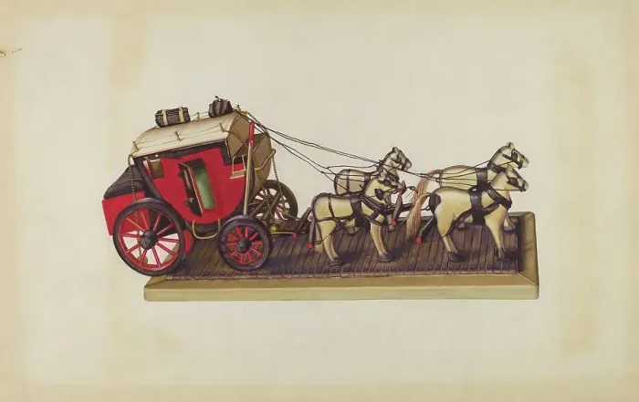 Framed Print : Wooden Model - Coach & Four Horses, c. 1937. Creator: Laura Bilodeau. Wooden Model - Coach & Four Horses, c. 1937. Creator: Laura Bilodeau Framed Print : Wooden Model - Coach & Four Horses, c. 1937. Creator: Laura Bilodeau. Wooden Model - Coach & Four Horses, c. 1937. Creator: Laura Bilodeau