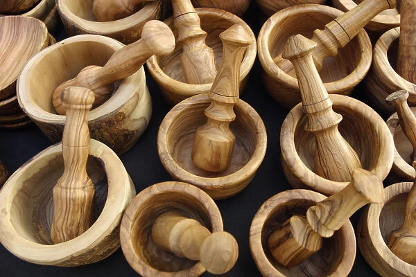 Wooden pestles and mortars for sale in a market, Mallorca, Spain