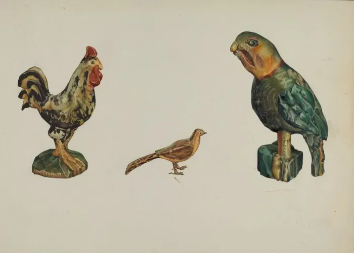 Framed Print : Wooden Rooster, Pheasant, and Parrot, c. 1937. Creator: Victor F. Muollo Framed Print : Wooden Rooster, Pheasant, and Parrot, c. 1937. Creator: Victor F. Muollo