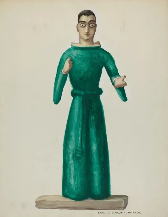 Framed Print : Wooden Santo in Bright Green Dress, 1935 / 1942. Creator: Majel G. Claflin Framed Print : Wooden Santo in Bright Green Dress, 1935 / 1942. Creator: Majel G. Claflin