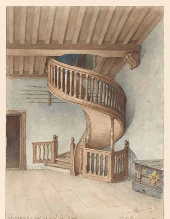 Framed Print : The wooden spiral staircase in the Gemeenlandshuis van Delfland, in Maassluis, 1901. Creator: Jan Striening Framed Print : The wooden spiral staircase in the Gemeenlandshuis van Delfland, in Maassluis, 1901. Creator: Jan Striening
