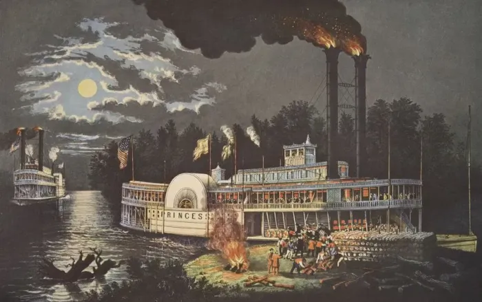 Framed Print : Wooding Up On The Mississippi, pub. 1863, Currier & Ives (Colour Lithograph) Framed Print : Wooding Up On The Mississippi, pub. 1863, Currier & Ives (Colour Lithograph)