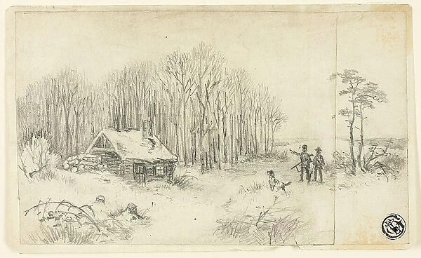 Woodland Hut, with Hunters Approaching, 18th or 19th century. Creator: Unknown