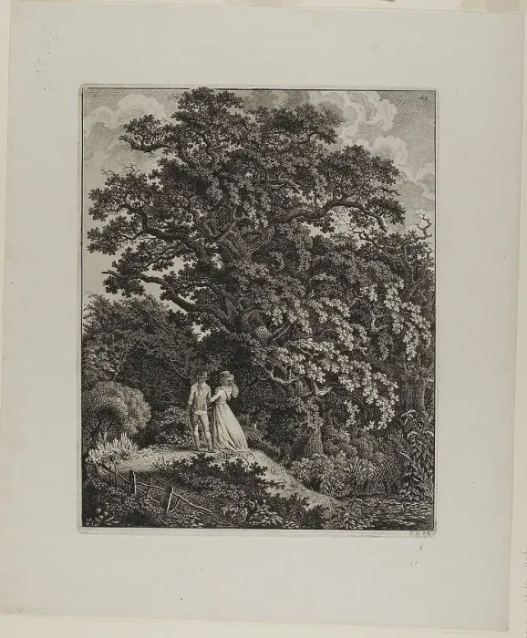 Framed Print : Woodland Landscape with an Elegant Couple Walking Beneath an Oak, 1796 / 1800. Creator: Carl Wilhelm Kolbe the elder Framed Print : Woodland Landscape with an Elegant Couple Walking Beneath an Oak, 1796 / 1800. Creator: Carl Wilhelm Kolbe the elder