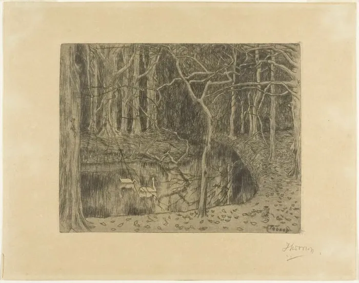 Framed Print : Woodland with a Pond and Swans, 1897. Creator: Jan Toorop Framed Print : Woodland with a Pond and Swans, 1897. Creator: Jan Toorop