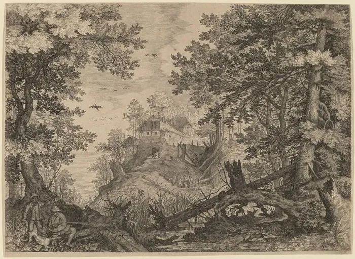Framed Print : Woodland Scene with Two Hunters and a Dog to the Left, probably c. 1609. Creator: Aegidius Sadeler II Framed Print : Woodland Scene with Two Hunters and a Dog to the Left, probably c. 1609. Creator: Aegidius Sadeler II