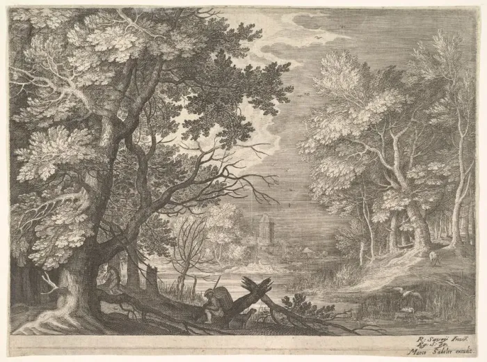 Framed Print : Woodland scene with marshy banks, two men and a dog in profile at left, two-long-necke Framed Print : Woodland scene with marshy banks, two men and a dog in profile at left, two-long-necke