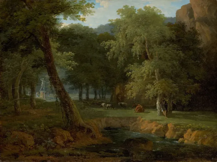 Framed Print : Woodland Scene with Nymphs and a Herm, c. 1810. Creator: Jean-Victor Bertin Framed Print : Woodland Scene with Nymphs and a Herm, c. 1810. Creator: Jean-Victor Bertin