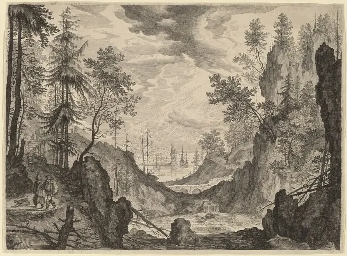 Framed Print : Woodland Scene with a Waterfall, probably c. 1609. Creator: Aegidius Sadeler II Framed Print : Woodland Scene with a Waterfall, probably c. 1609. Creator: Aegidius Sadeler II