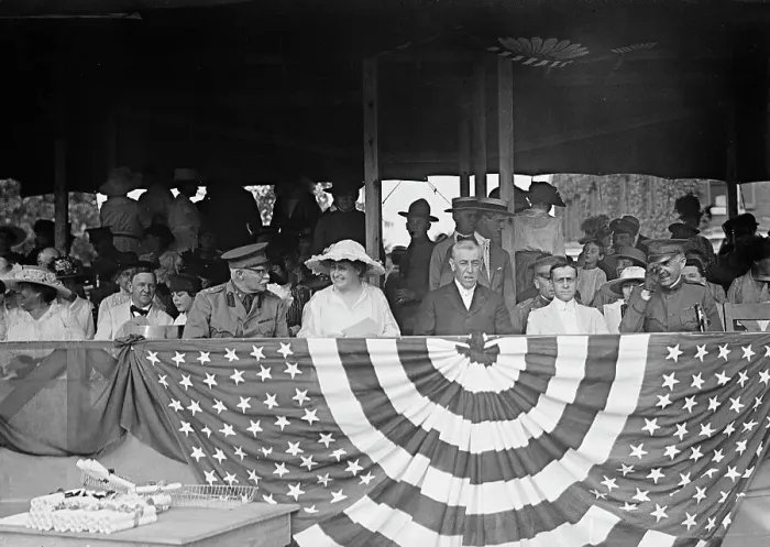 Framed Print : Woodrow Wilson On Reviewing Stand, 1917 or 1918. Creator: Unknown Framed Print : Woodrow Wilson On Reviewing Stand, 1917 or 1918. Creator: Unknown