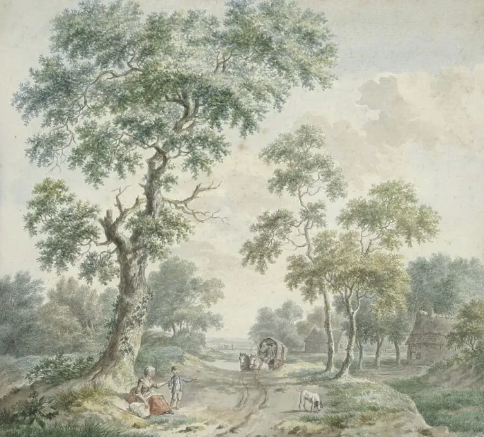 Framed Print : Woods with figures by a road, covered wagon approaching, 1779. Creator: Gerardus Wieringa Framed Print : Woods with figures by a road, covered wagon approaching, 1779. Creator: Gerardus Wieringa